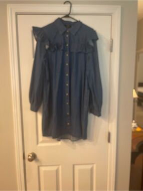 Ruffled Yoke Button-Front Denim Tunic Dress - Blue